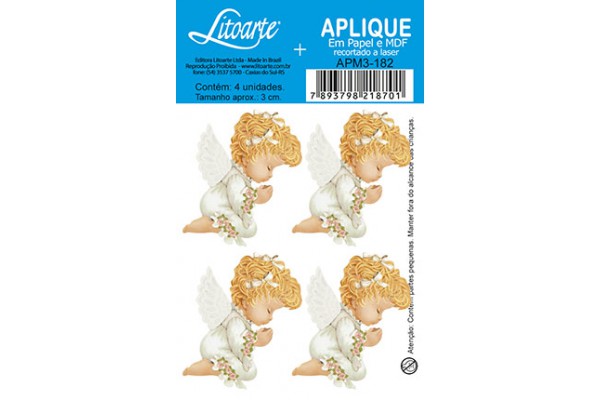 APLIQUE LITOARTE EM PAPEL E MDF COM 4 UNIDADE ANJO 